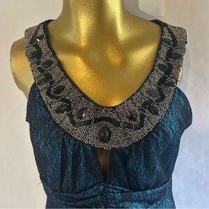 RARE! Studio Y Turquoise, Black & Silver Beaded Top With Cinched Sides Women’s L